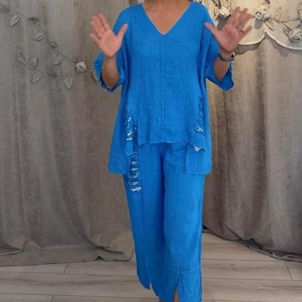 Conjunto mujer casual dos piezas escote V fluido