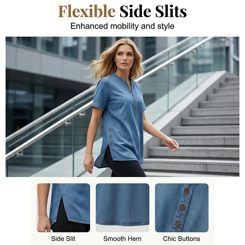 Túnica mujer de denim ligero con cuello en V y botones decorativos