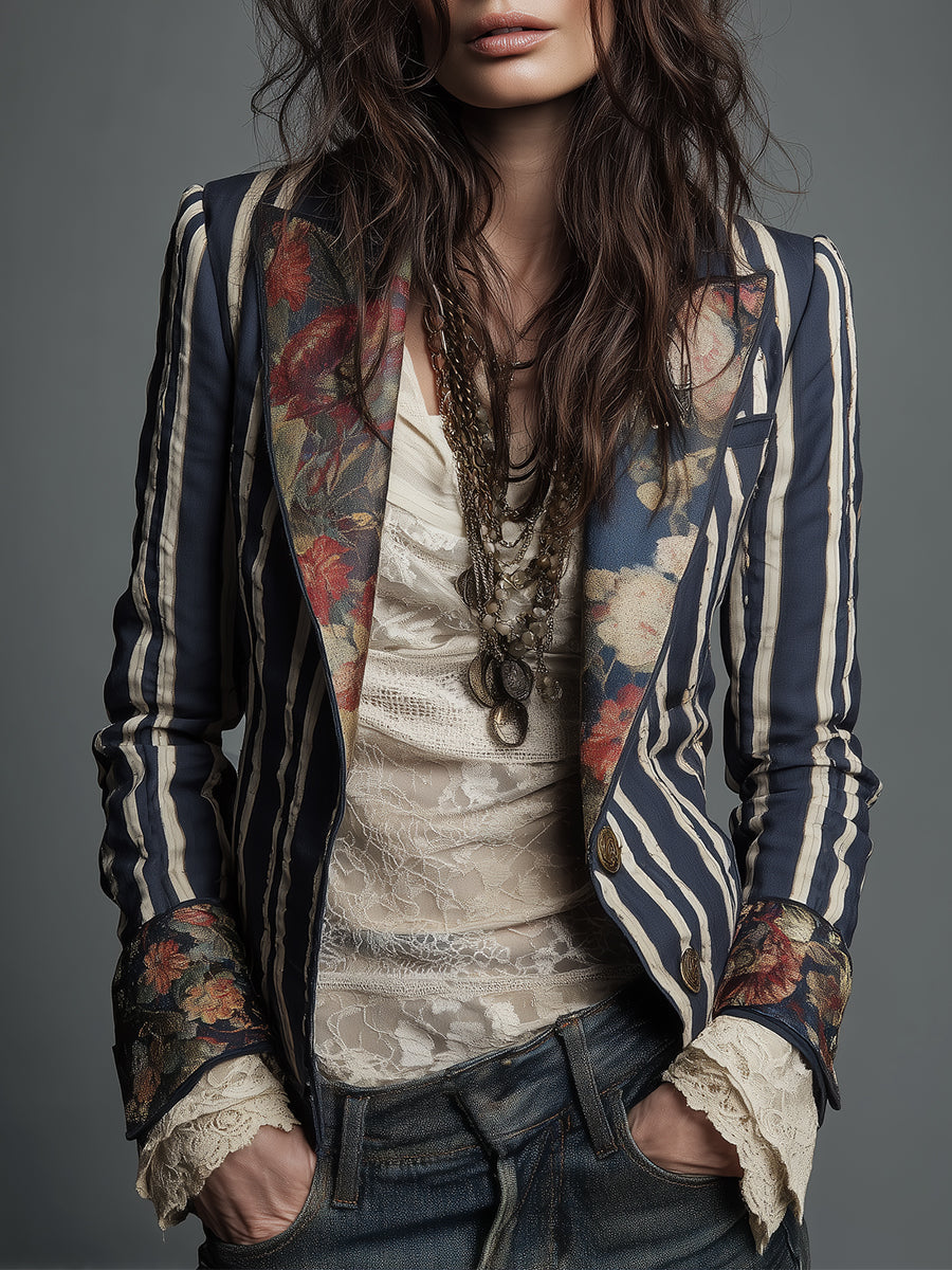 Blazer mujer bohemio con rayas y estampado floral