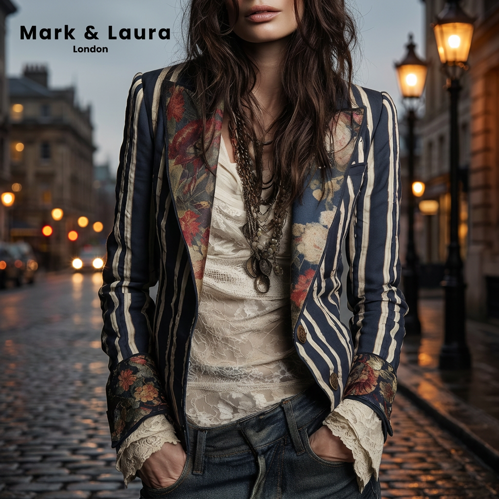 Blazer mujer bohemio con rayas y estampado floral