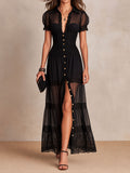 Vestido maxi mujer negro con encaje, botones y paneles transparentes