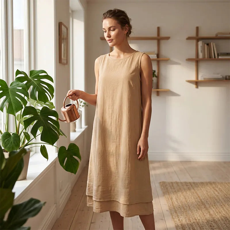 Vestido midi mujer sin mangas con bolsillos y bajo con volante