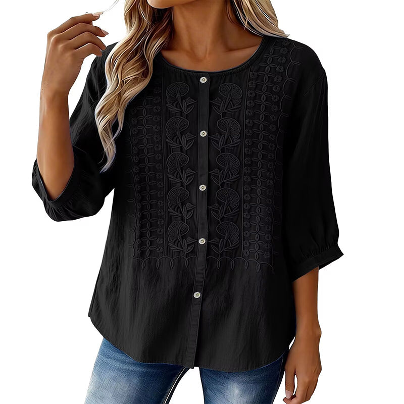Blusa bordada para mujer de algodón y lino con mangas 3/4