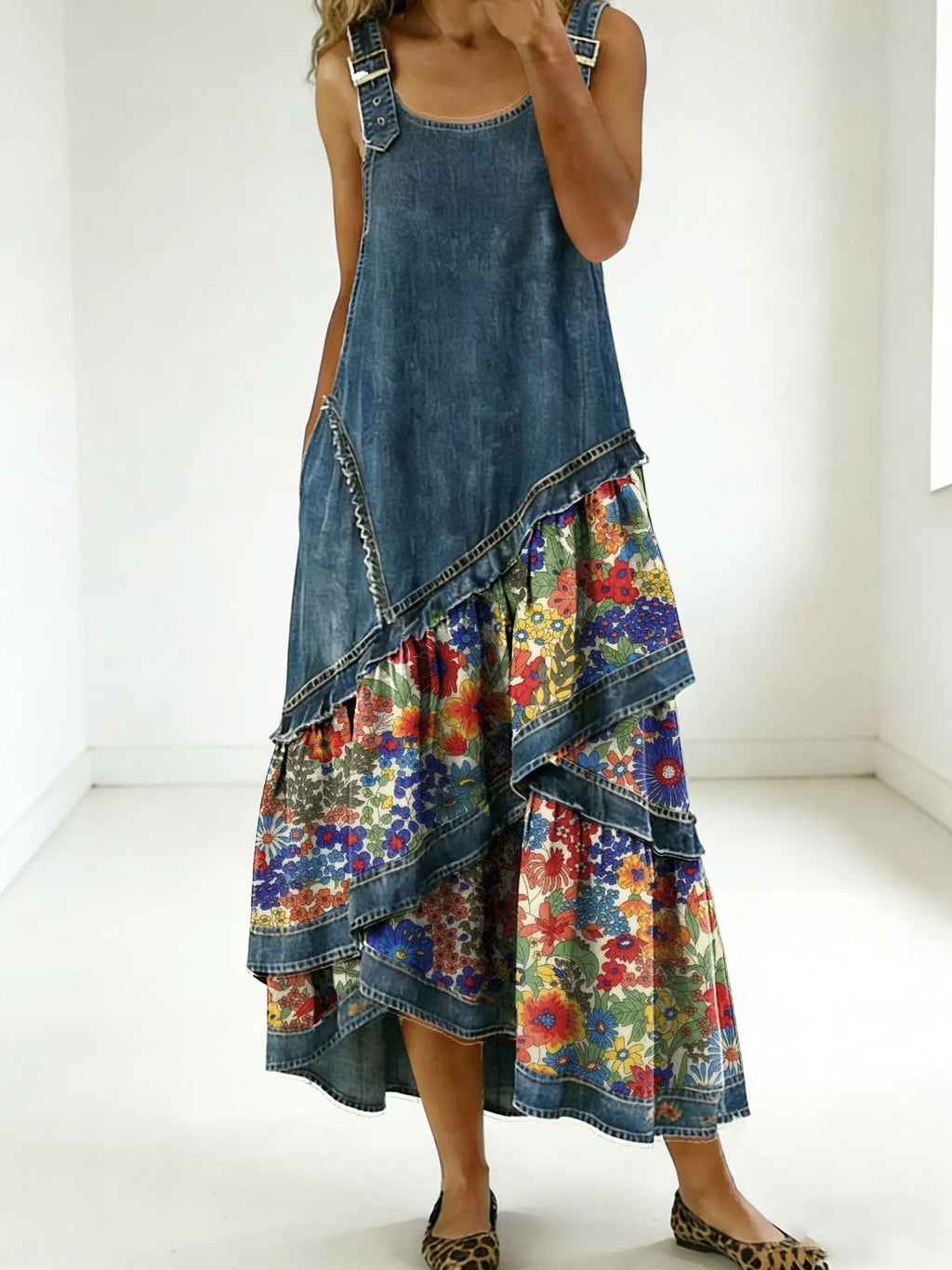 Vestido bohemio mujer con patchwork denim y estampado floral