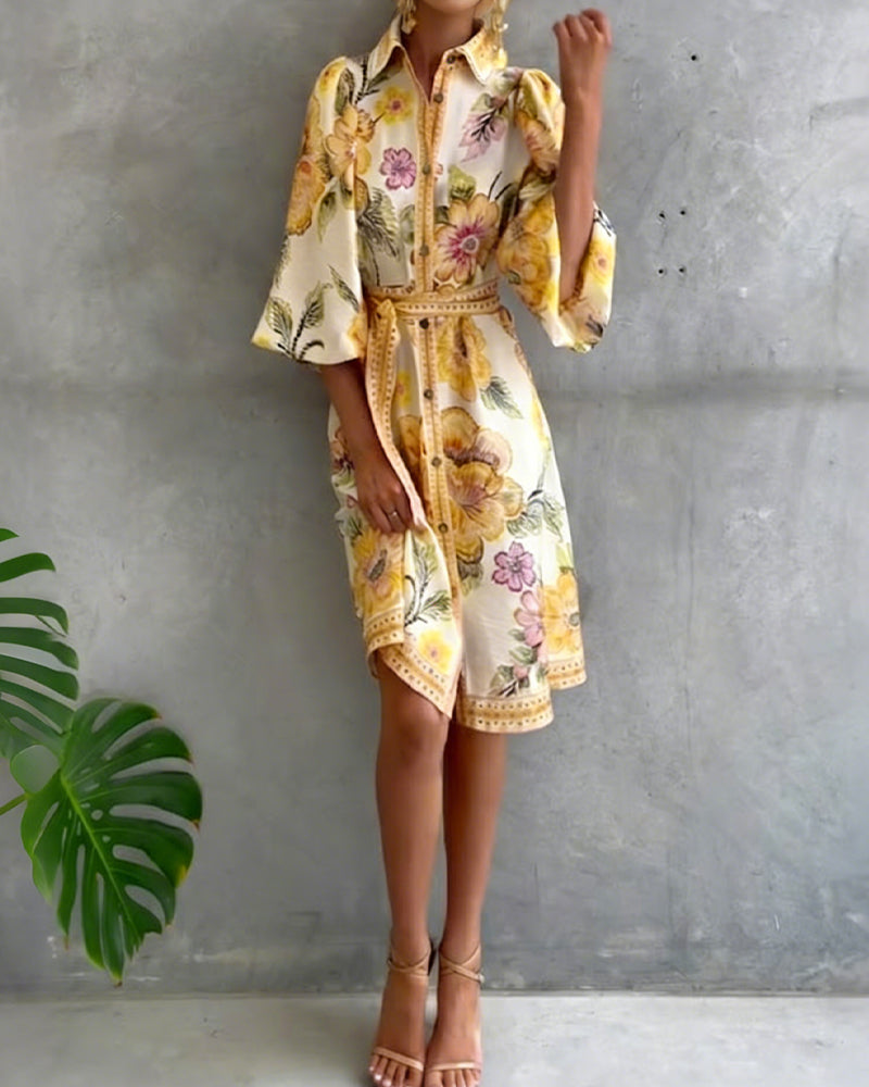 Vestido elegante de flores para mujer con mangas farol y botones