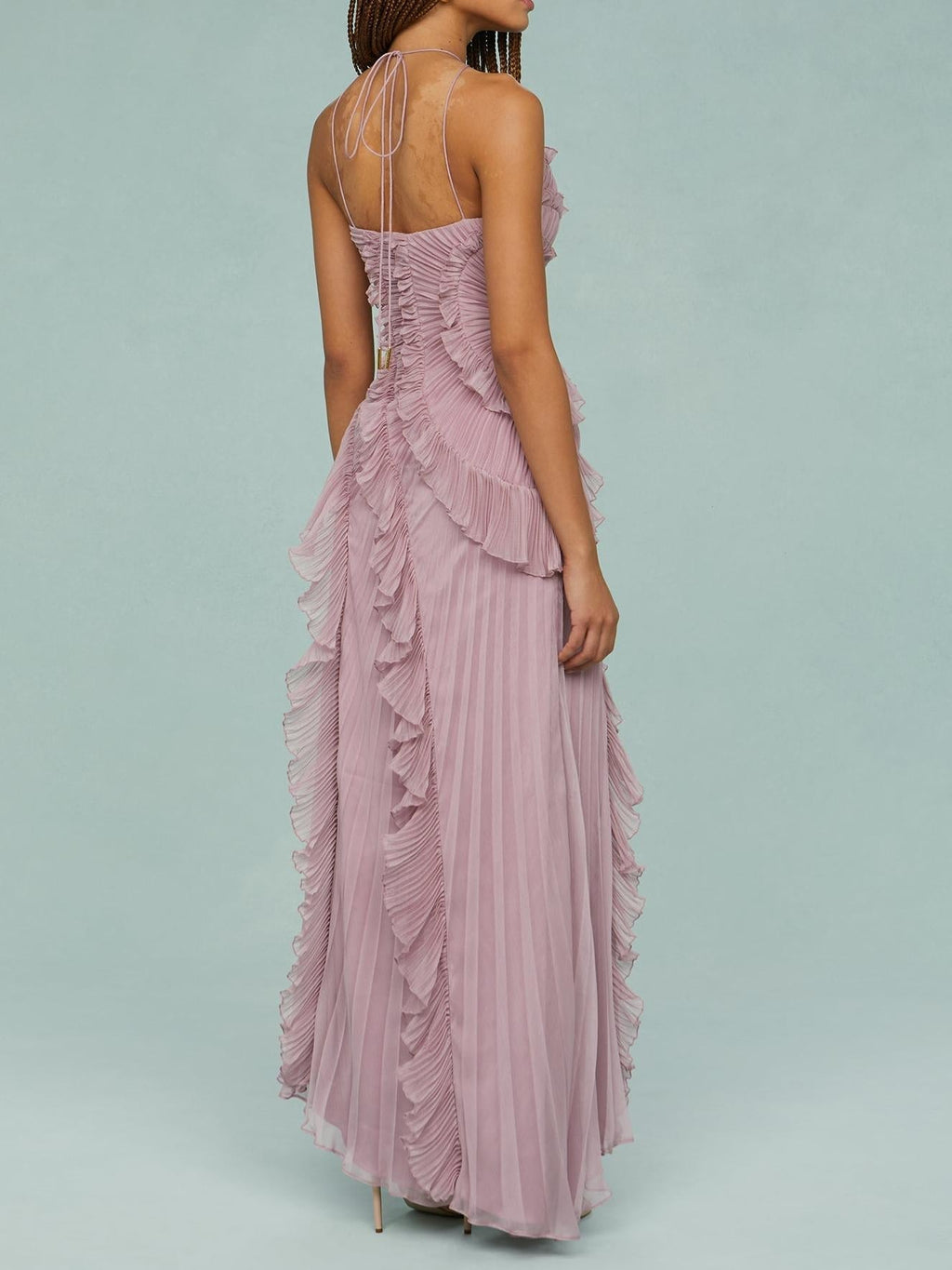 Vestido largo mujer con volantes y escote halter