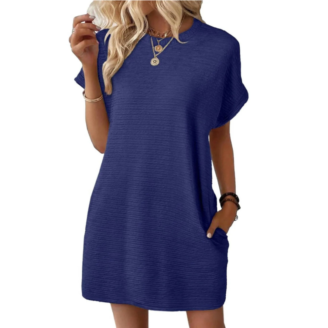 Vestido corto para mujer con cuello redondo y bolsillos laterales