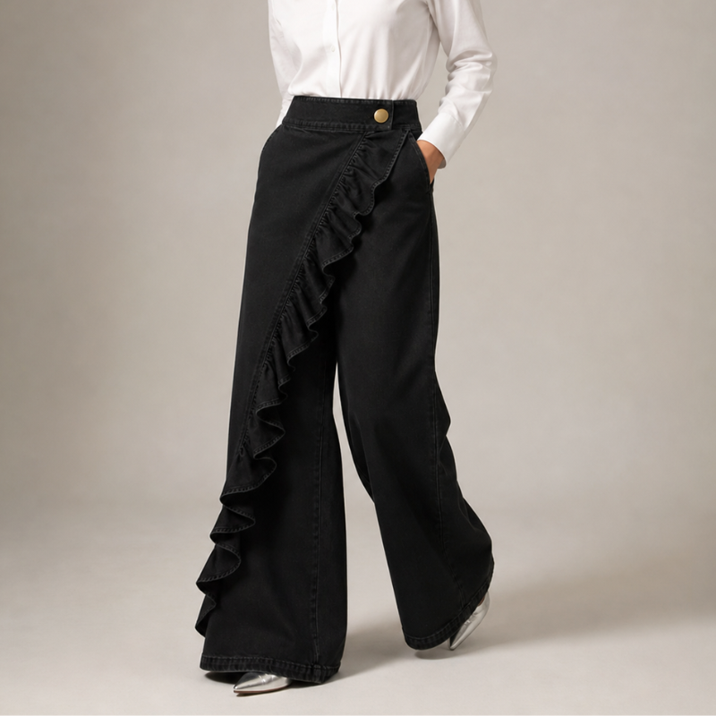 Pantalón mujer denim amplio con volantes elegantes