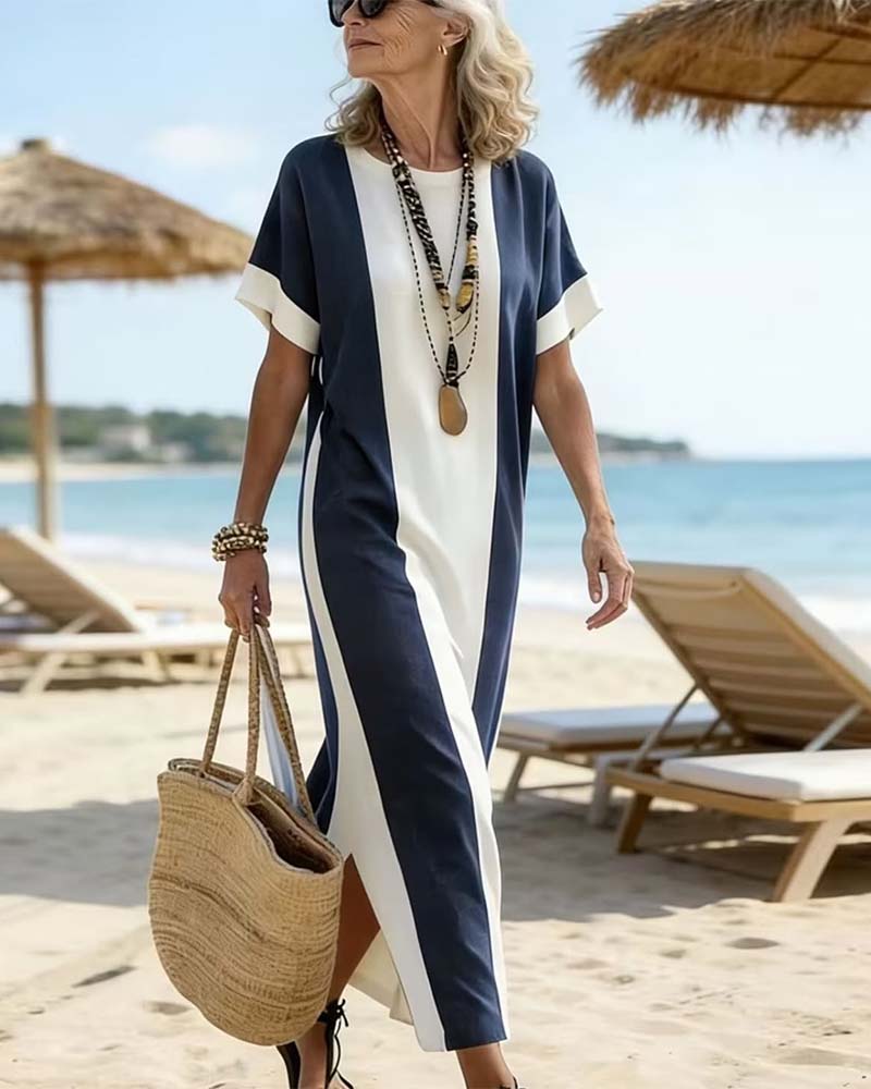 Vestido midi para mujer con rayas verticales y abertura lateral