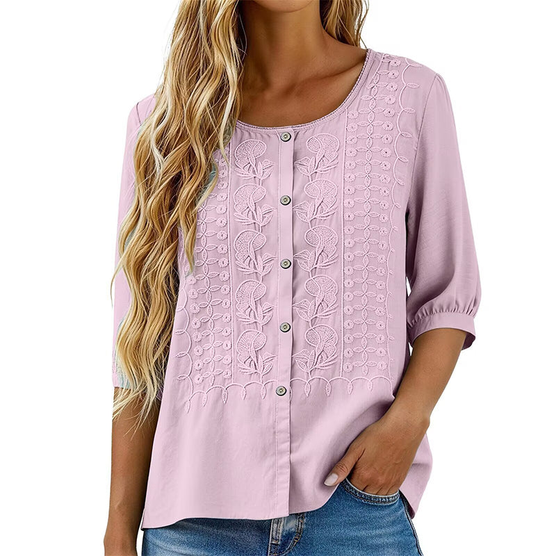 Blusa bordada para mujer de algodón y lino con mangas 3/4
