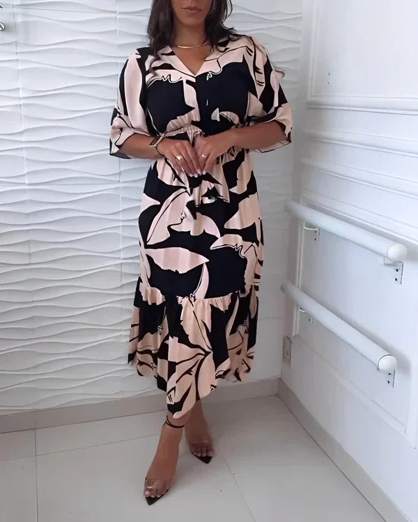 Vestido para mujer con escote en V, cintura ajustable y estampado abstracto
