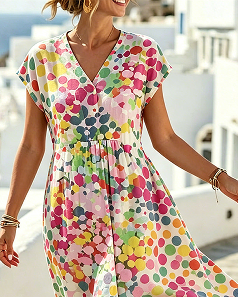 Vestido para mujer con estampado de lunares multicolor y escote en V