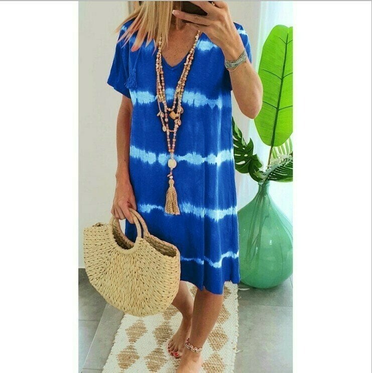 Vestido camiseta poliéster tie-dye con cuello en V veraniego