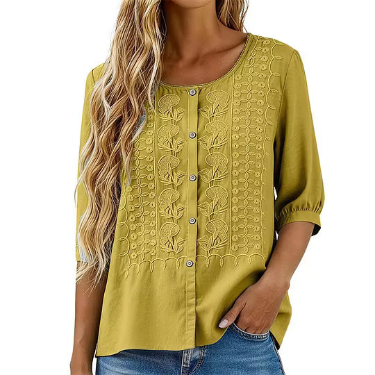 Blusa bordada para mujer de algodón y lino con mangas 3/4