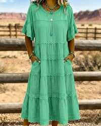 Vestido midi para mujeres de algodón y lino con volantes