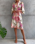 Vestido elegante de flores para mujer con mangas farol y botones