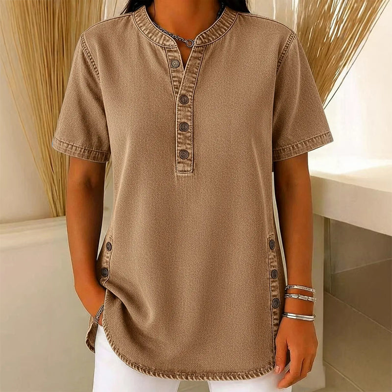 Túnica mujer de denim ligero con cuello en V y botones decorativos