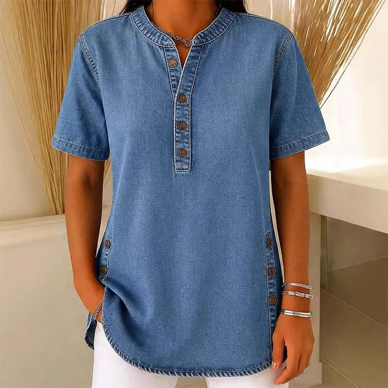 Túnica mujer de denim ligero con cuello en V y botones decorativos