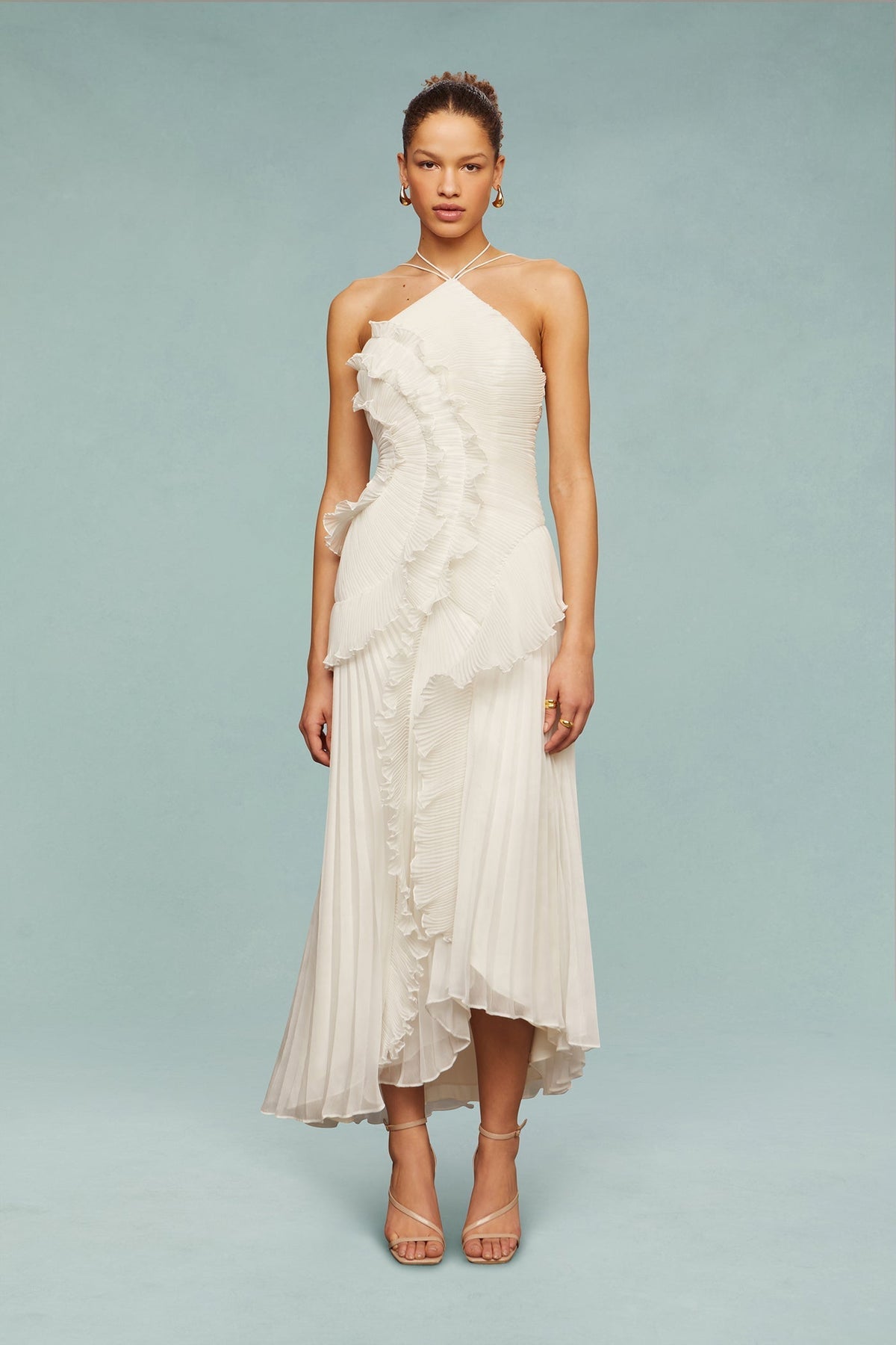 Vestido largo mujer con volantes y escote halter