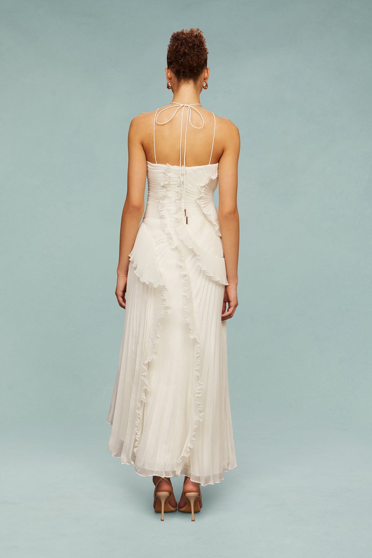 Vestido largo mujer con volantes y escote halter