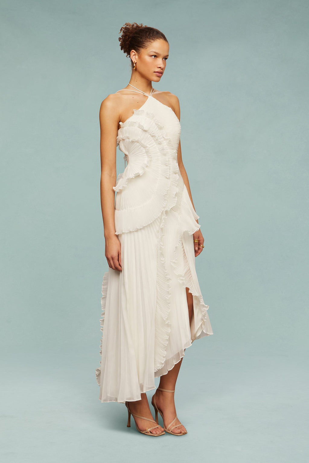 Vestido largo mujer con volantes y escote halter