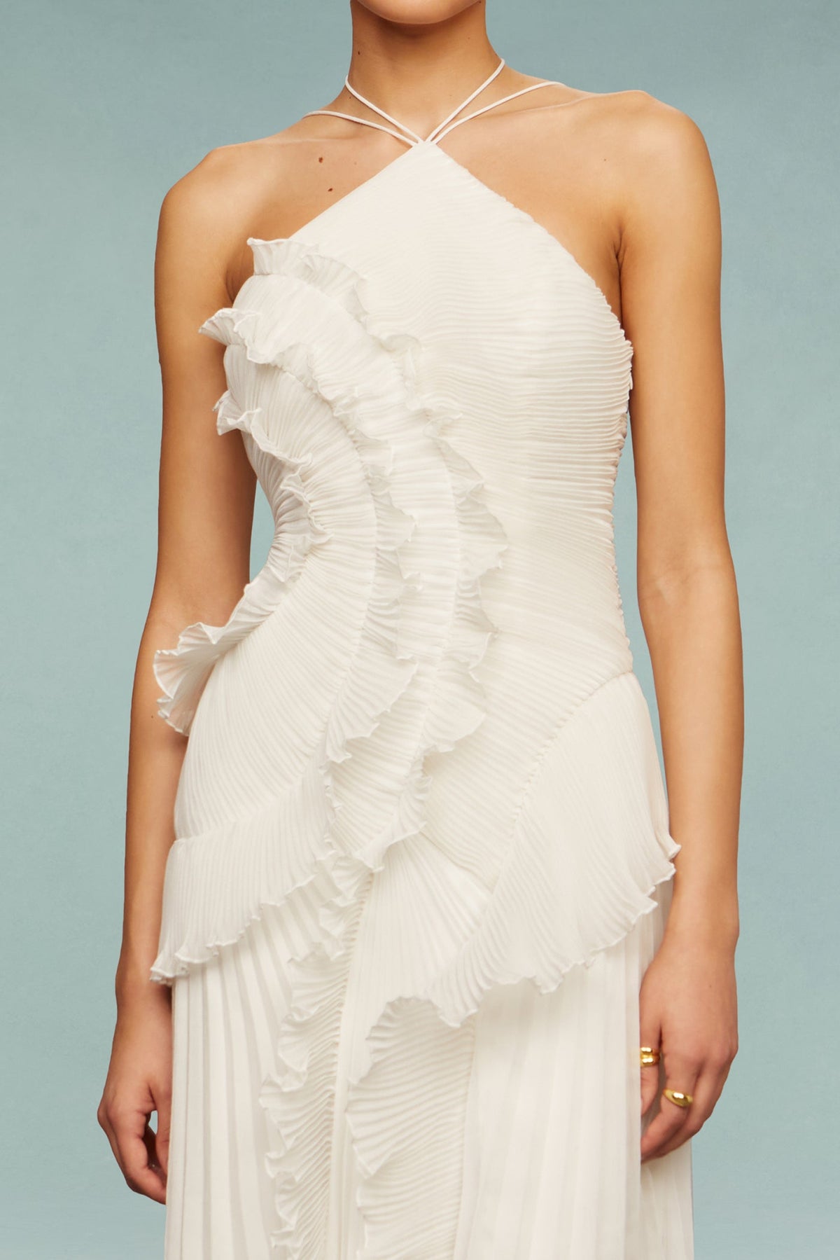 Vestido largo mujer con volantes y escote halter