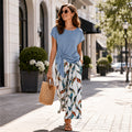 Conjunto mujer casual con top anudado y pantalón estampado