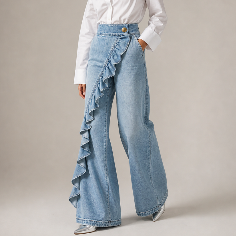Pantalón mujer denim amplio con volantes elegantes