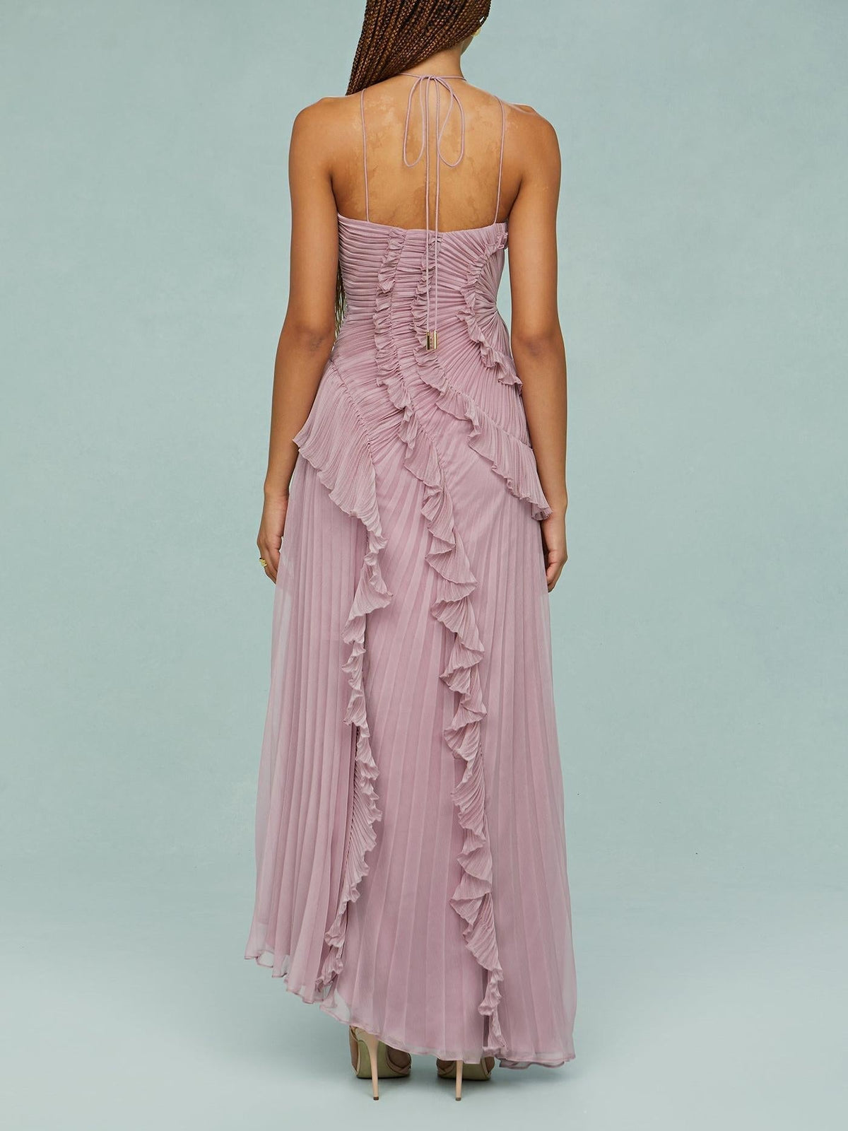 Vestido largo mujer con volantes y escote halter