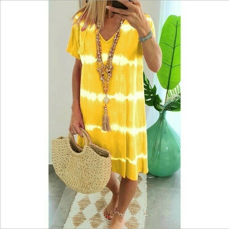 Vestido camiseta poliéster tie-dye con cuello en V veraniego