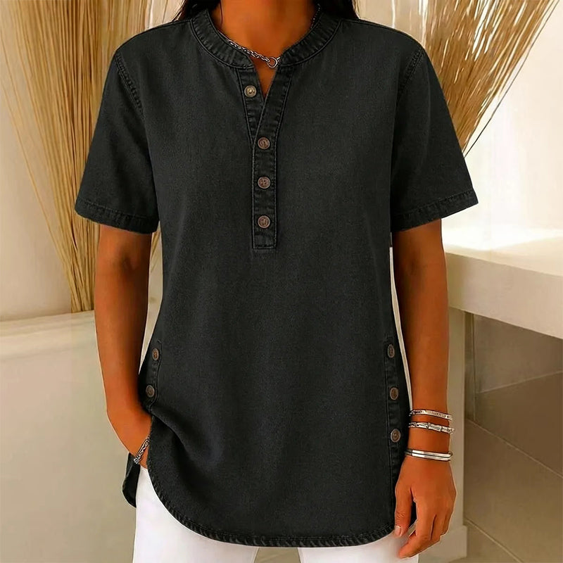 Túnica mujer de denim ligero con cuello en V y botones decorativos