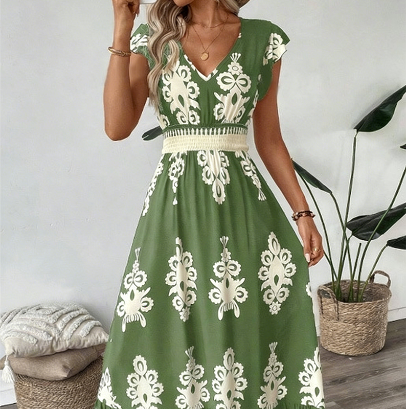 Vestido largo para mujer con estampado barroco y escote en V