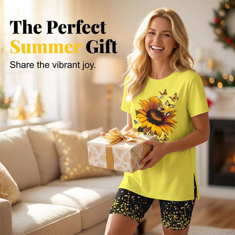 Conjunto de mujer con camiseta de girasol y pantalón corto estampado