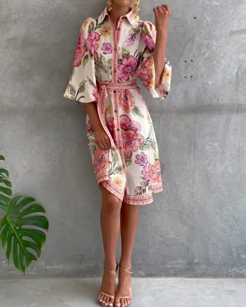 Vestido elegante de flores para mujer con mangas farol y botones