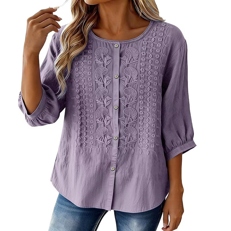 Blusa bordada para mujer de algodón y lino con mangas 3/4