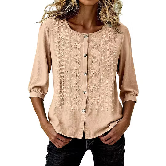 Blusa bordada para mujer de algodón y lino con mangas 3/4