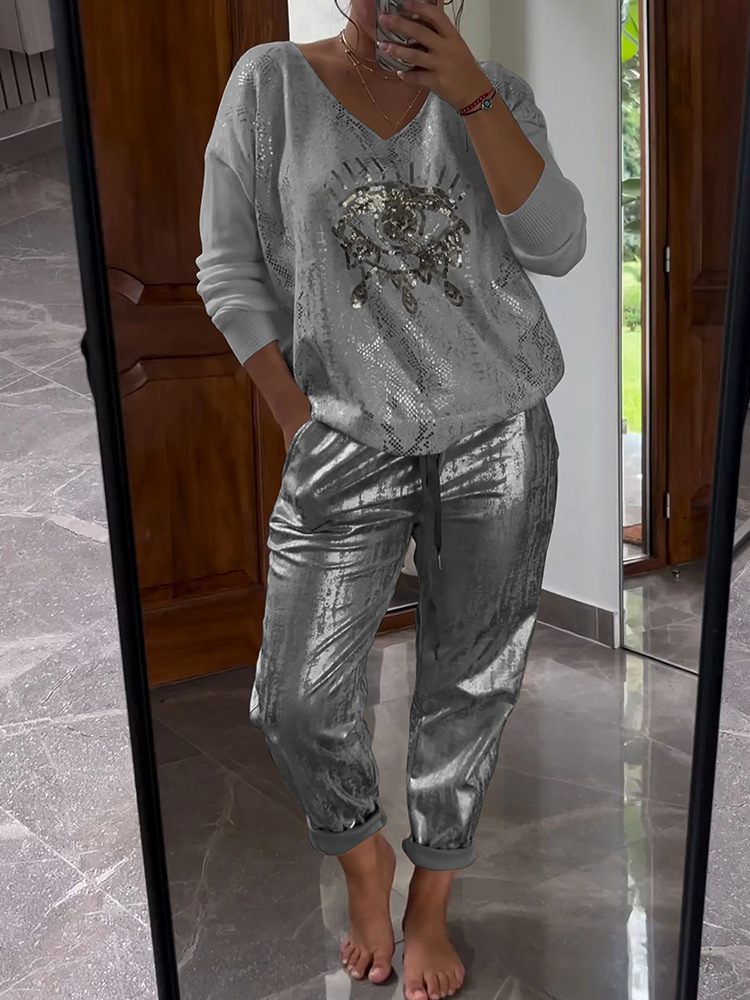 Conjunto mujer chic brillante escote V elegante