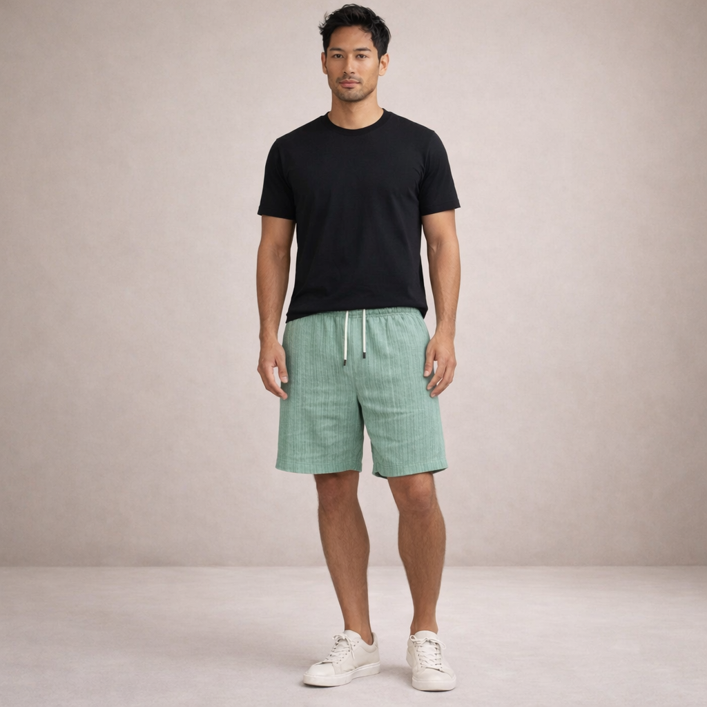 Pantalón corto lino poliéster hombre con cordón verano casual