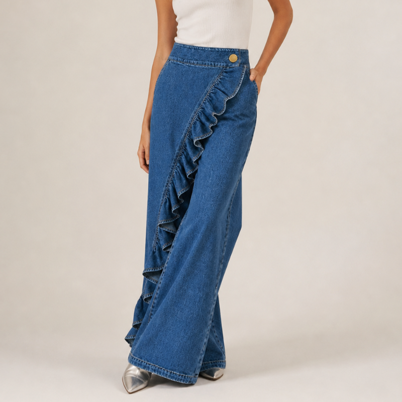 Pantalón mujer denim amplio con volantes elegantes