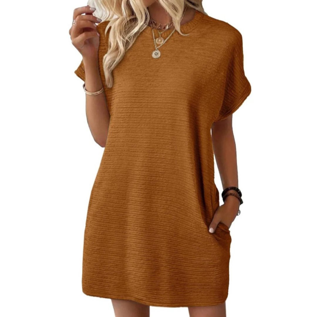 Vestido corto para mujer con cuello redondo y bolsillos laterales