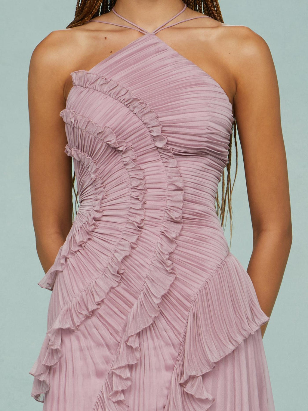 Vestido largo mujer con volantes y escote halter
