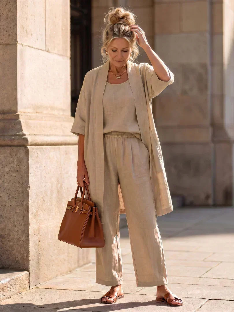 Vestido largo para mujer con conjunto de tres piezas y pantalón amplio