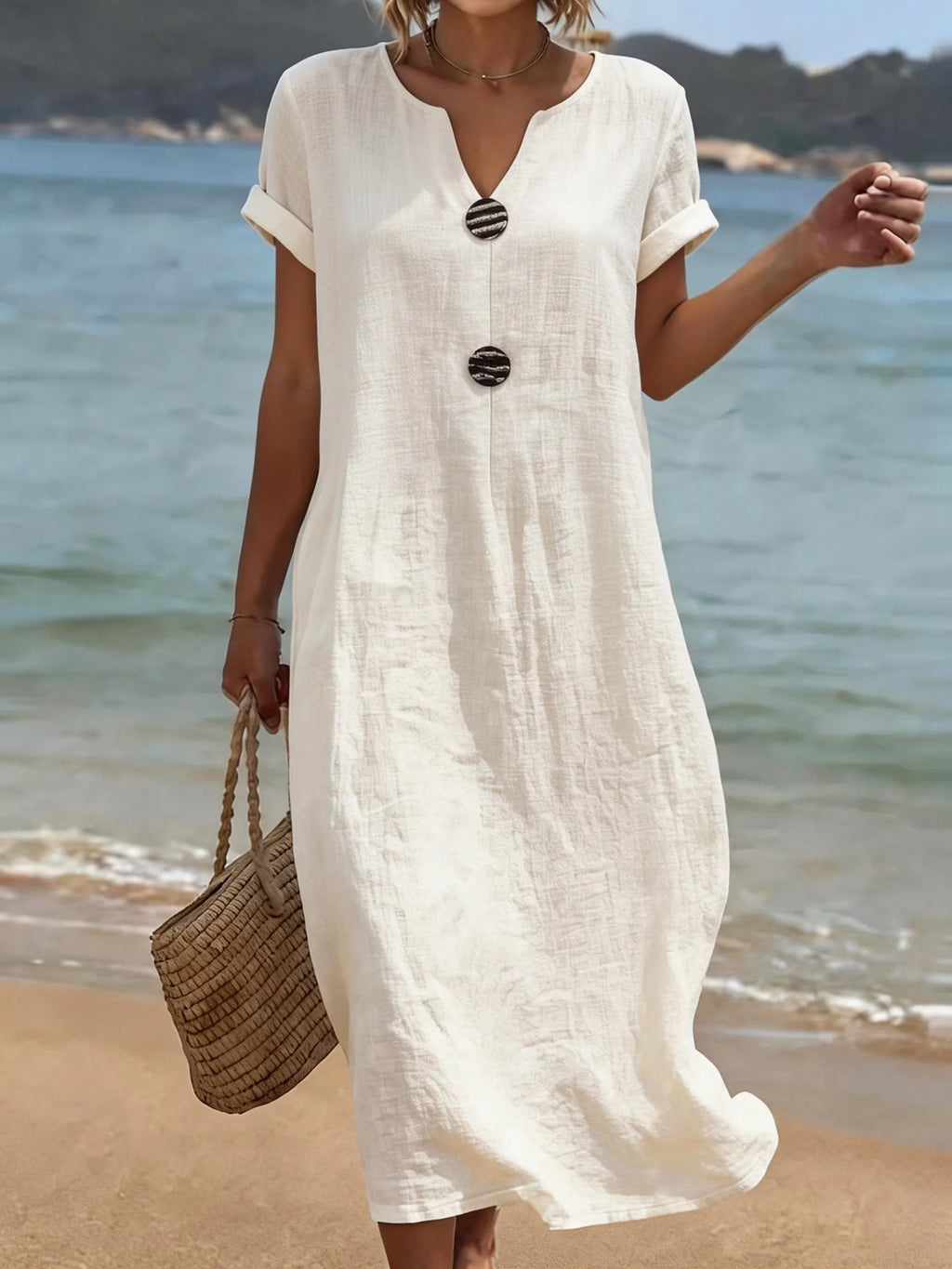 Vestido largo mujer efecto lino con botones y manga corta verano