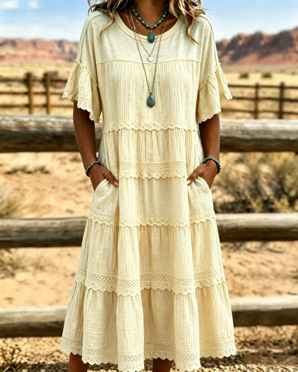 Vestido midi para mujeres de algodón y lino con volantes