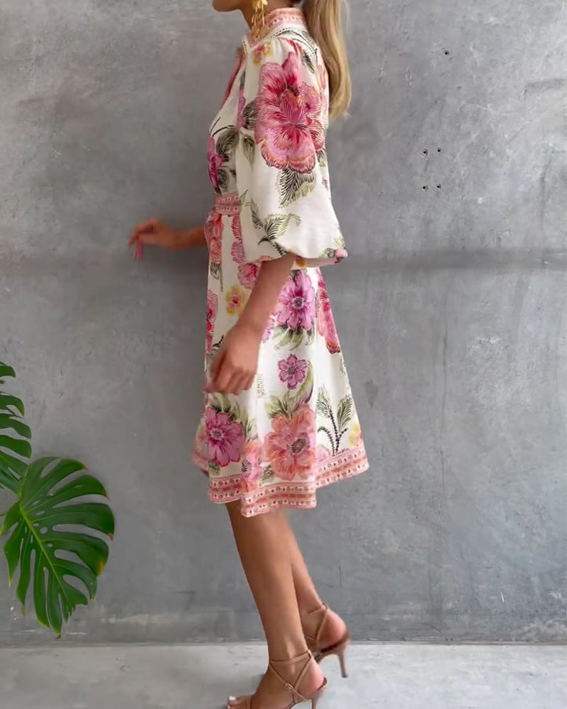 Vestido elegante de flores para mujer con mangas farol y botones