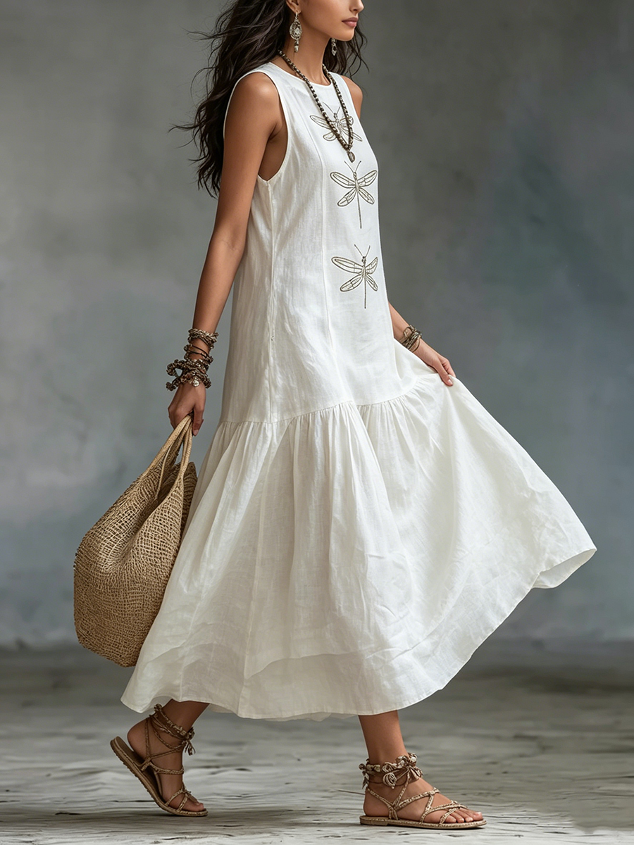 Vestido largo de algodón y lino con bordado de libélulas
