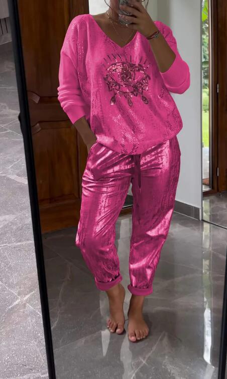 Conjunto mujer chic brillante escote V elegante