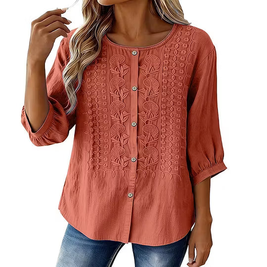Blusa bordada para mujer de algodón y lino con mangas 3/4