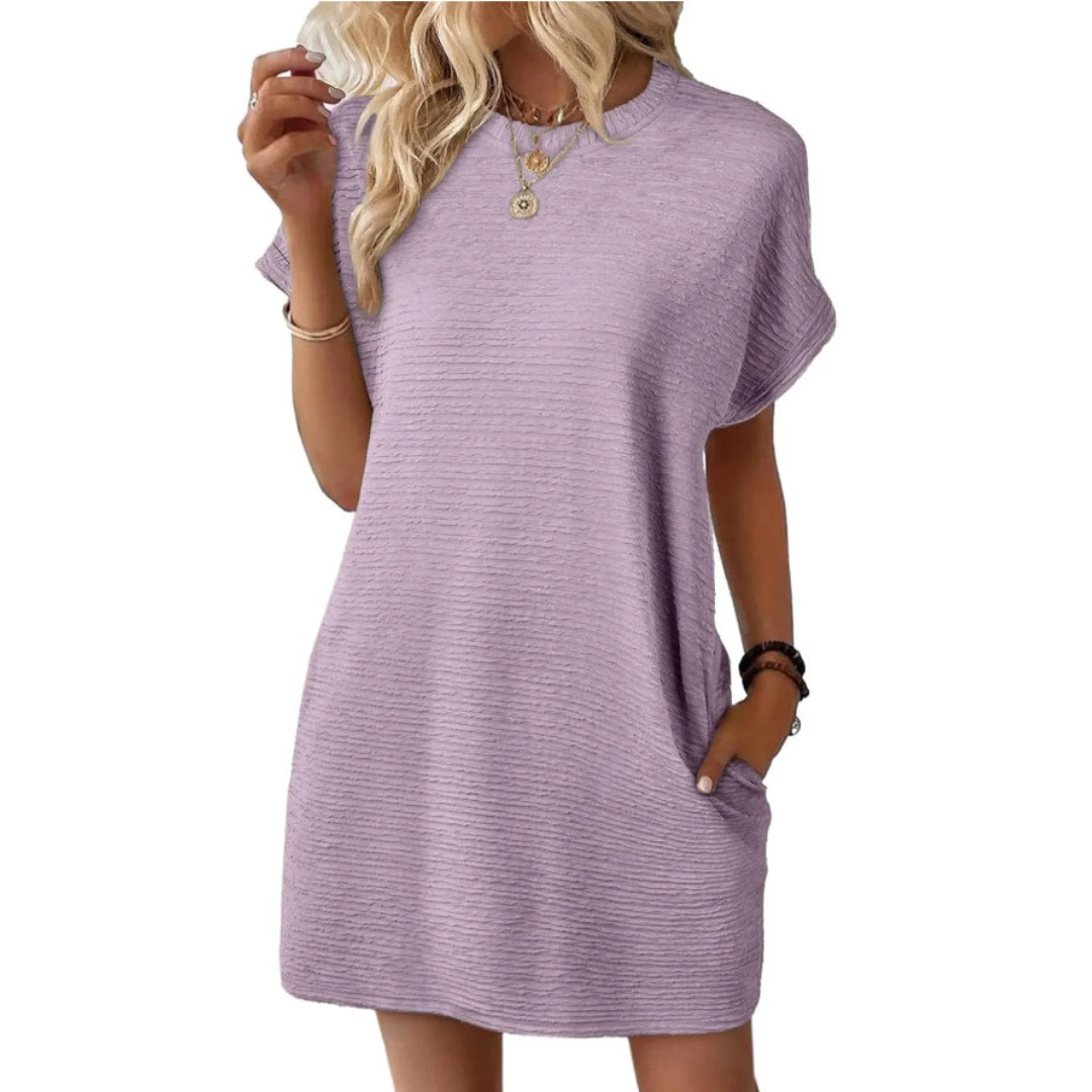 Vestido corto para mujer con cuello redondo y bolsillos laterales