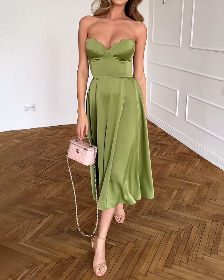 Vestido midi mujer de satén elegante sin tirantes